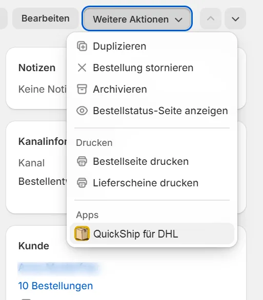 Menü „Weitere Aktionen“ einer Bestellung mit dem Eintrag QuickShip für DHL unter Apps