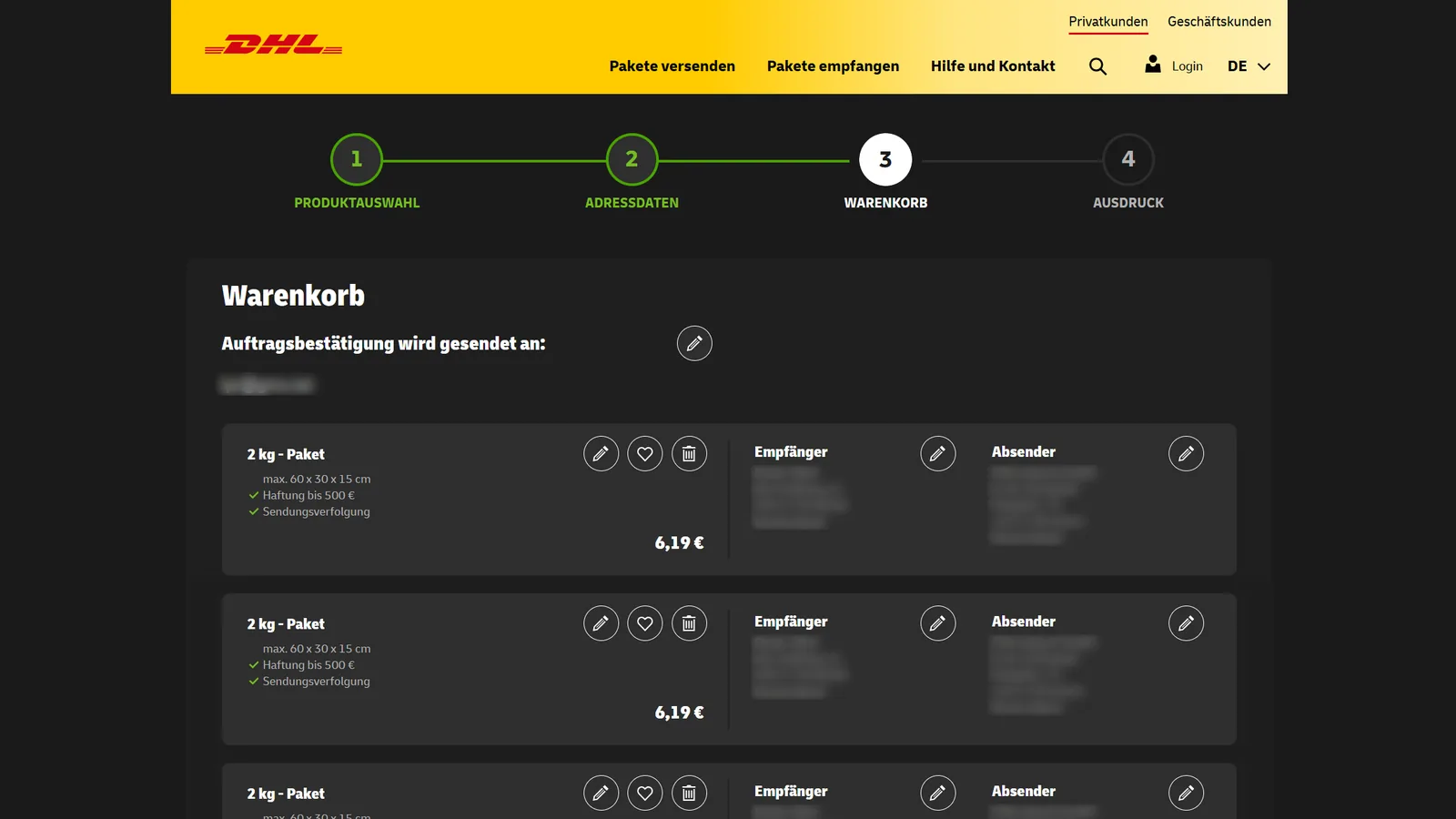 DHL-Warenkorb mit mehreren vorausgefüllten Sendungen