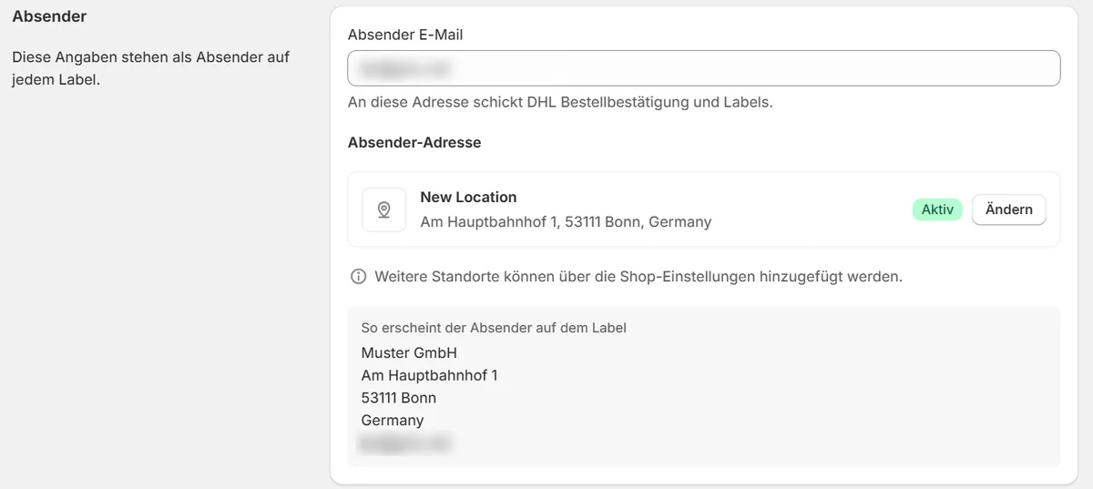 Einstellungen, Bereich Absender: Absender-E-Mail, gewählter Standort mit Button Ändern und Vorschau des Absenders auf dem Label