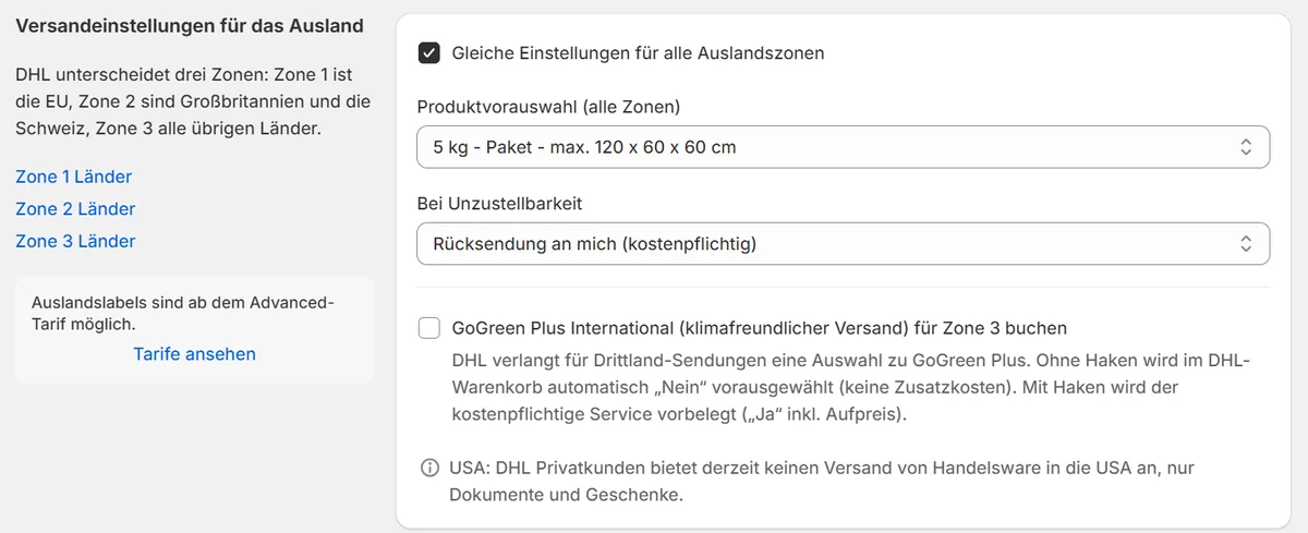 Einstellungen, Versand ins Ausland: gleiche Einstellungen für alle Zonen, 5-kg-Paket, Rücksendung bei Unzustellbarkeit, Option GoGreen Plus
