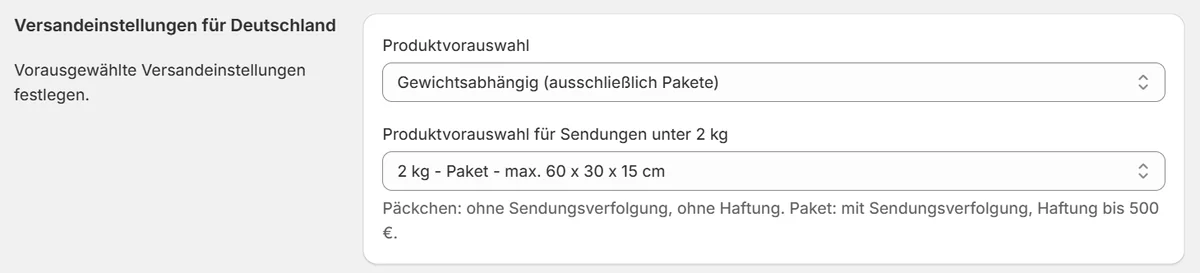Einstellungen, Versand innerhalb Deutschlands: Produktvorauswahl gewichtsabhängig, für Sendungen unter 2 kg das 2-kg-Paket